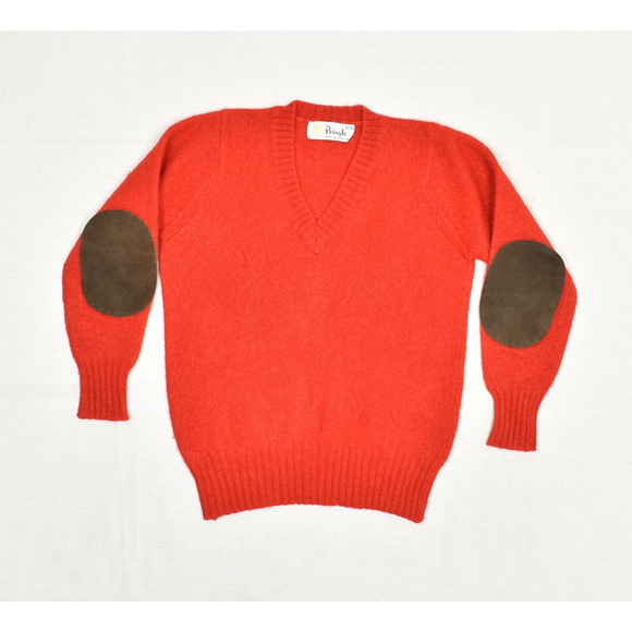 VTG Pringle of Scotland V Neck Sweater Men's Wool Red Size 97/38 Elbow Patches - Picture 1 of 8